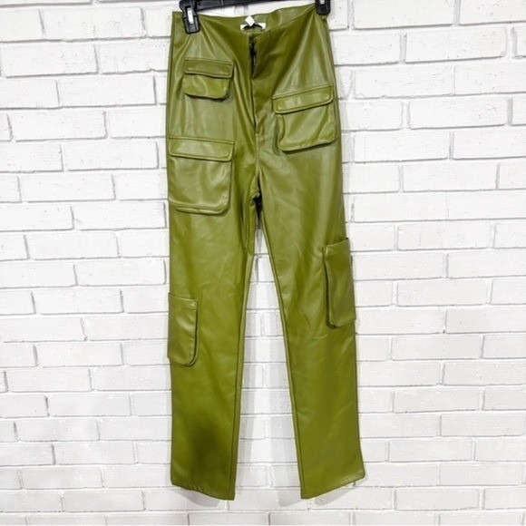 AFRM Moss Green Faux Leather Cargo Pants High Rise Straight Leg Utility | Small - Picture 2 of 6
